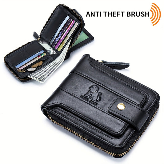 Men's Retro Genuine Leather Multi-Card Wallet with Zip, Large Capacity, Anti-Theft