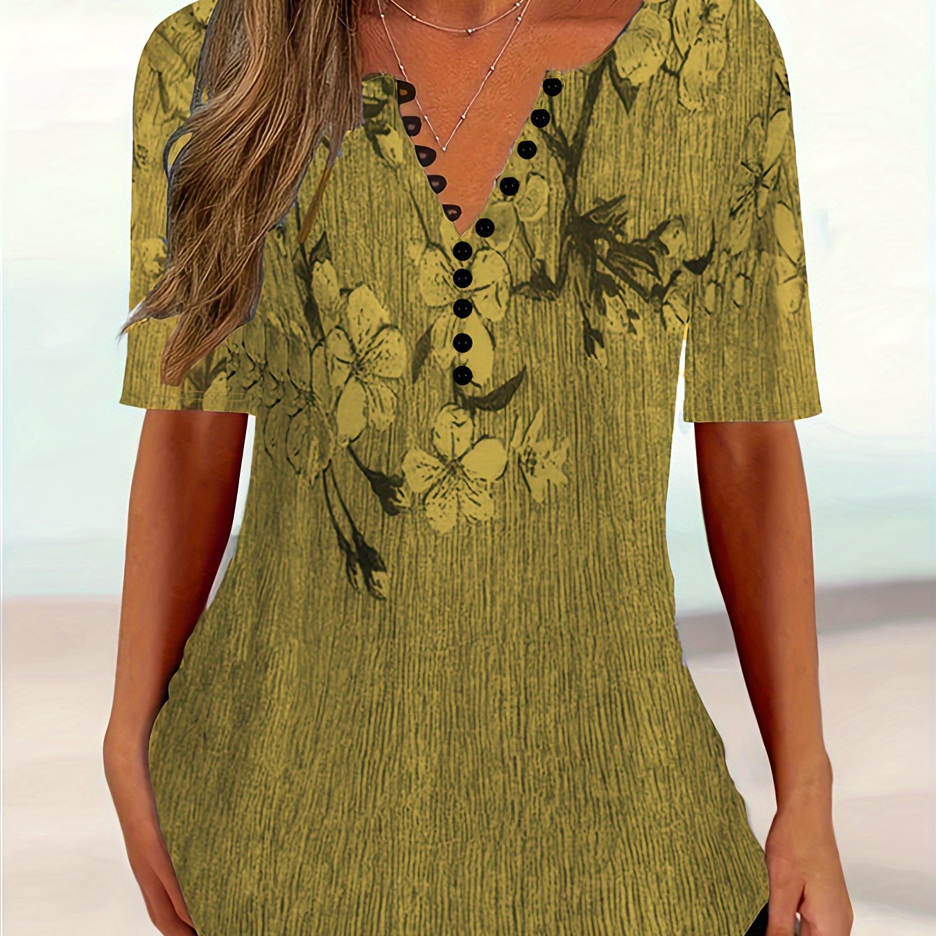Floral Print Plus Size Short Sleeve Round Neck Henley T-shirt - Women's Casual Slight Stretch