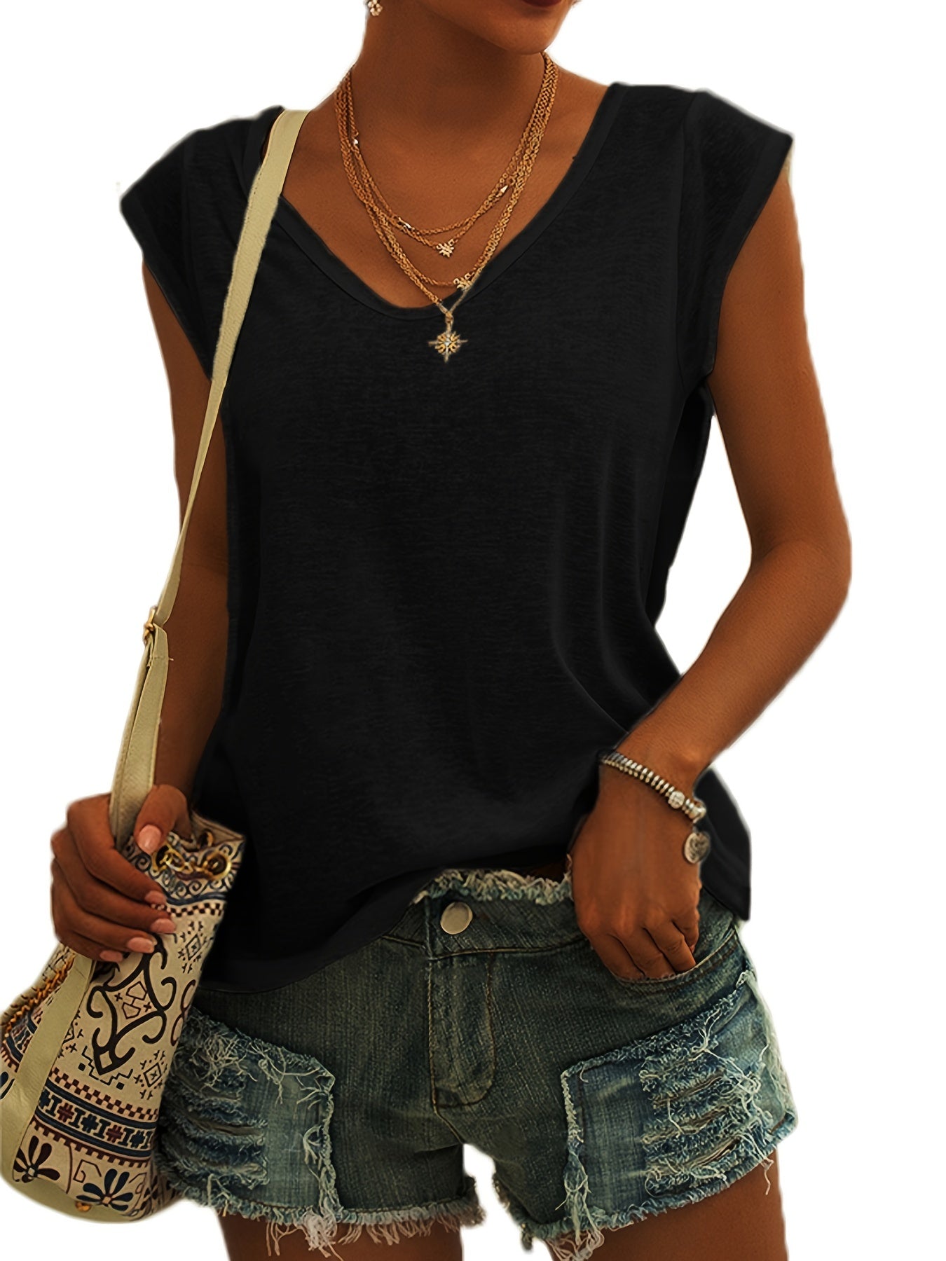 Solid Cap Sleeve T-shirt, Casual V Neck Comfy Summer T-shirt, Women's Clothing