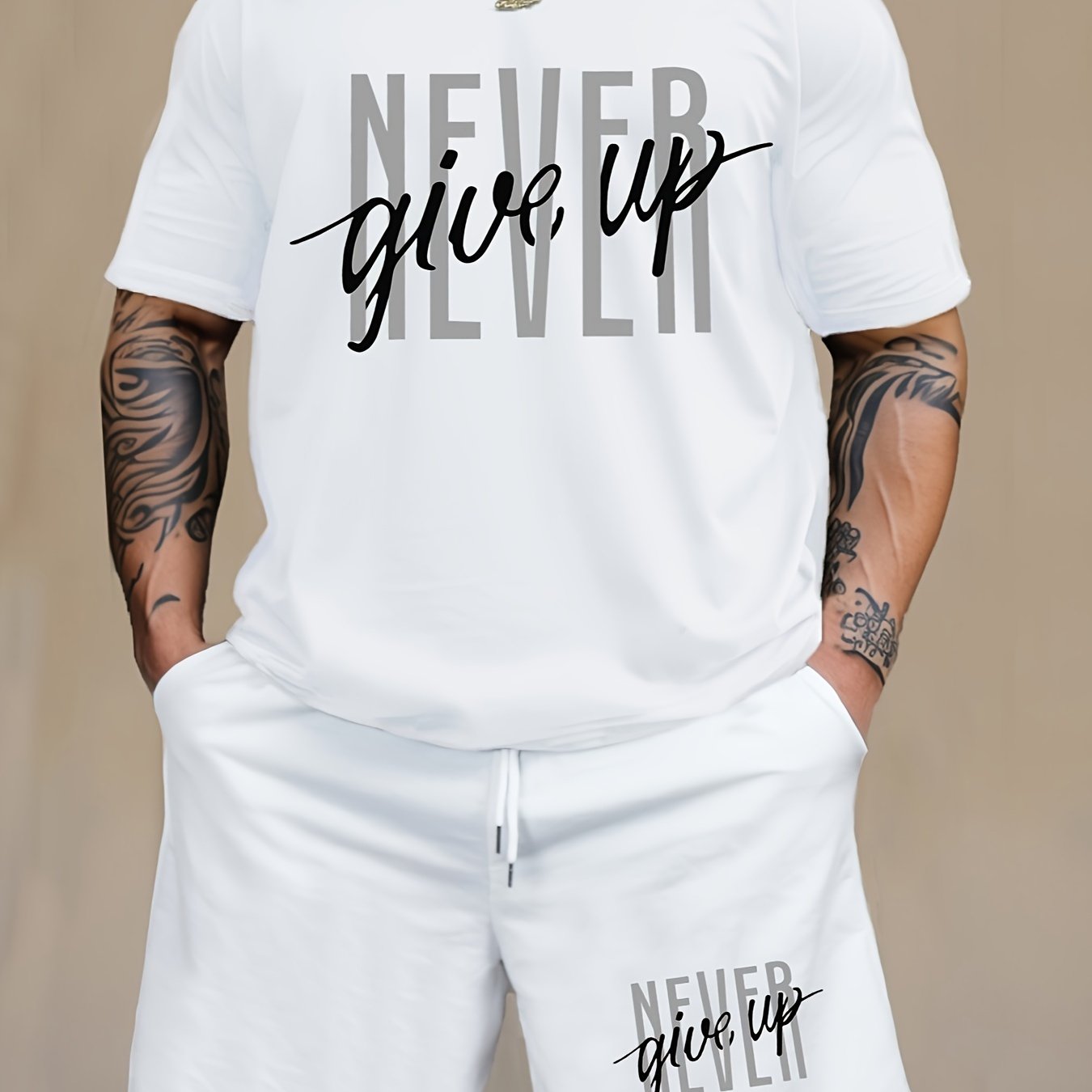2-Piece Men's Fashion Graphic Loungewear Set - Short Sleeve Crew Neck T-Shirt, Drawstring Shorts with Pockets, Soft, Breathable, Casual Pajama Outfit for Men, NEVER GIVE UP Letter Print Design, Ideal for Relaxation and Leisur
