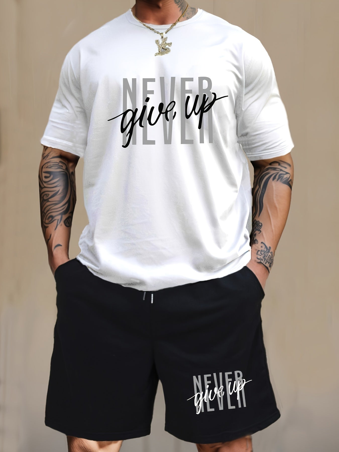 2-Piece Men's Fashion Graphic Loungewear Set - Short Sleeve Crew Neck T-Shirt, Drawstring Shorts with Pockets, Soft, Breathable, Casual Pajama Outfit for Men, NEVER GIVE UP Letter Print Design, Ideal for Relaxation and Leisur