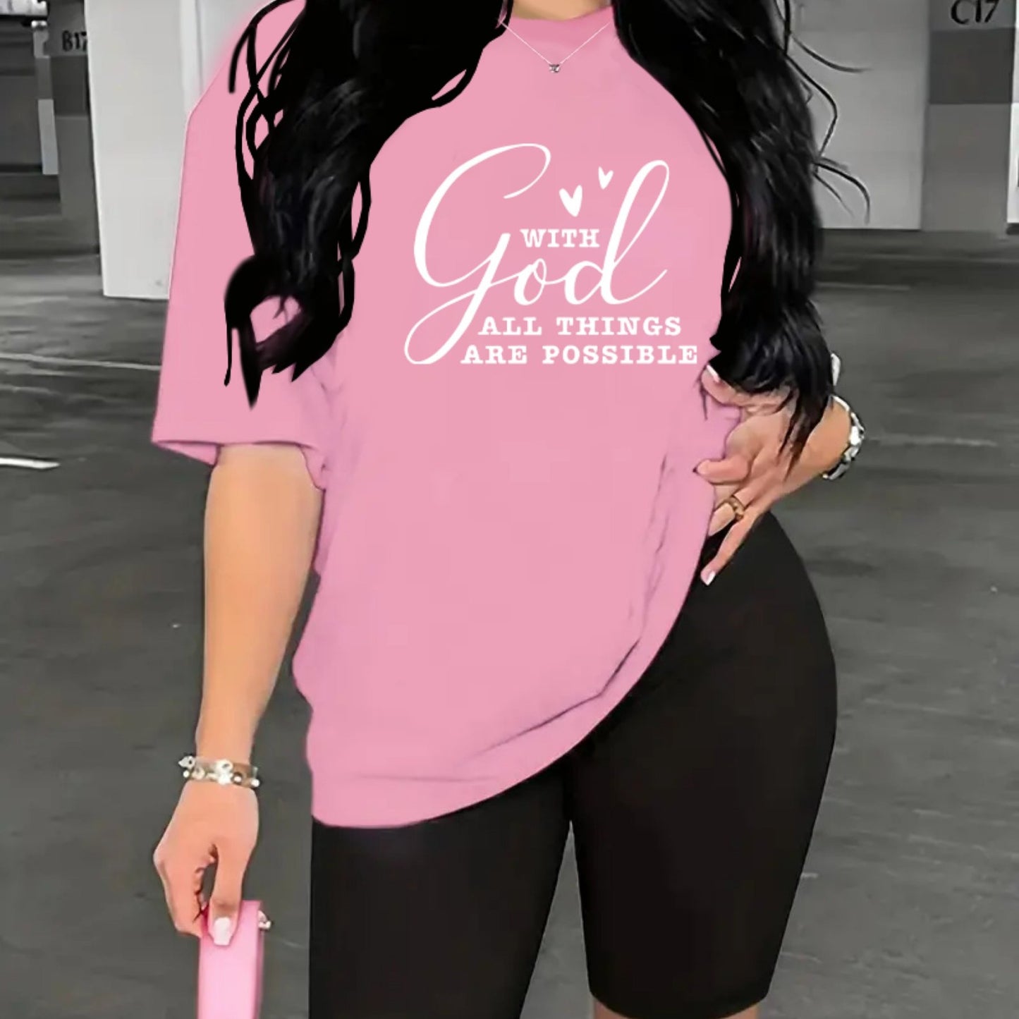2-Piece "With God All Things Are Possible" Print Summer Shirt And Shorts Set, Casual Sportswear For Women, T-Shirt & Athletic Shorts Outfit