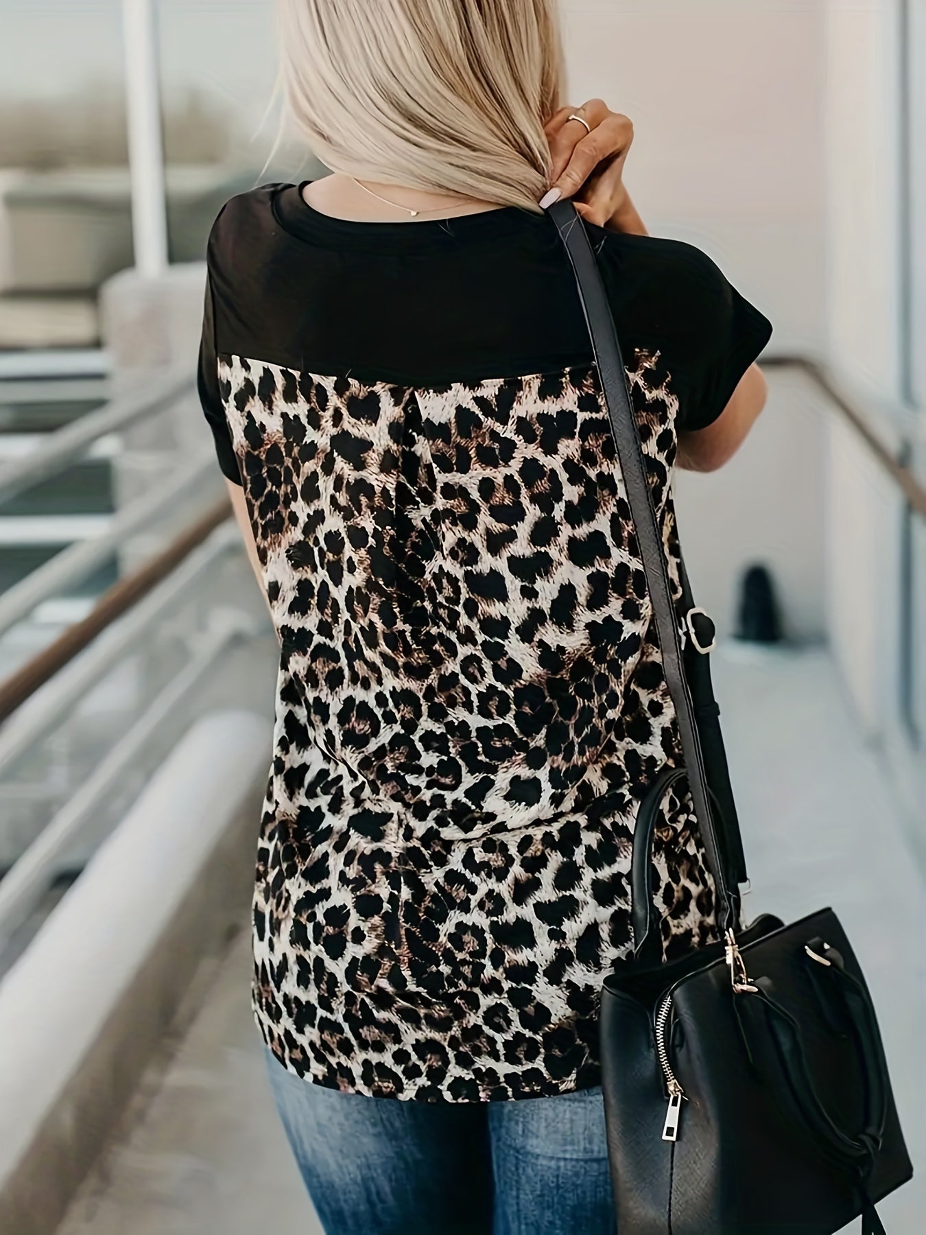 [Summer V Neck Short Sleeve Tee] Leopard Print Contrast T-shirt, Casual V Neck Short Sleeve Summer T-shirt, Women's Clothing