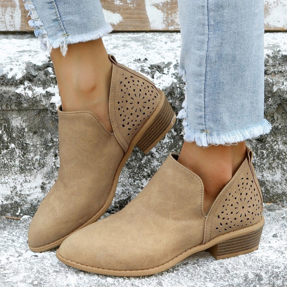[V Cut Ankle Boots Short] Women's Ankle V Cut Short Boots, Hollow Out Chunky Heel Pointed Toe Shoes, Women's Footwear
