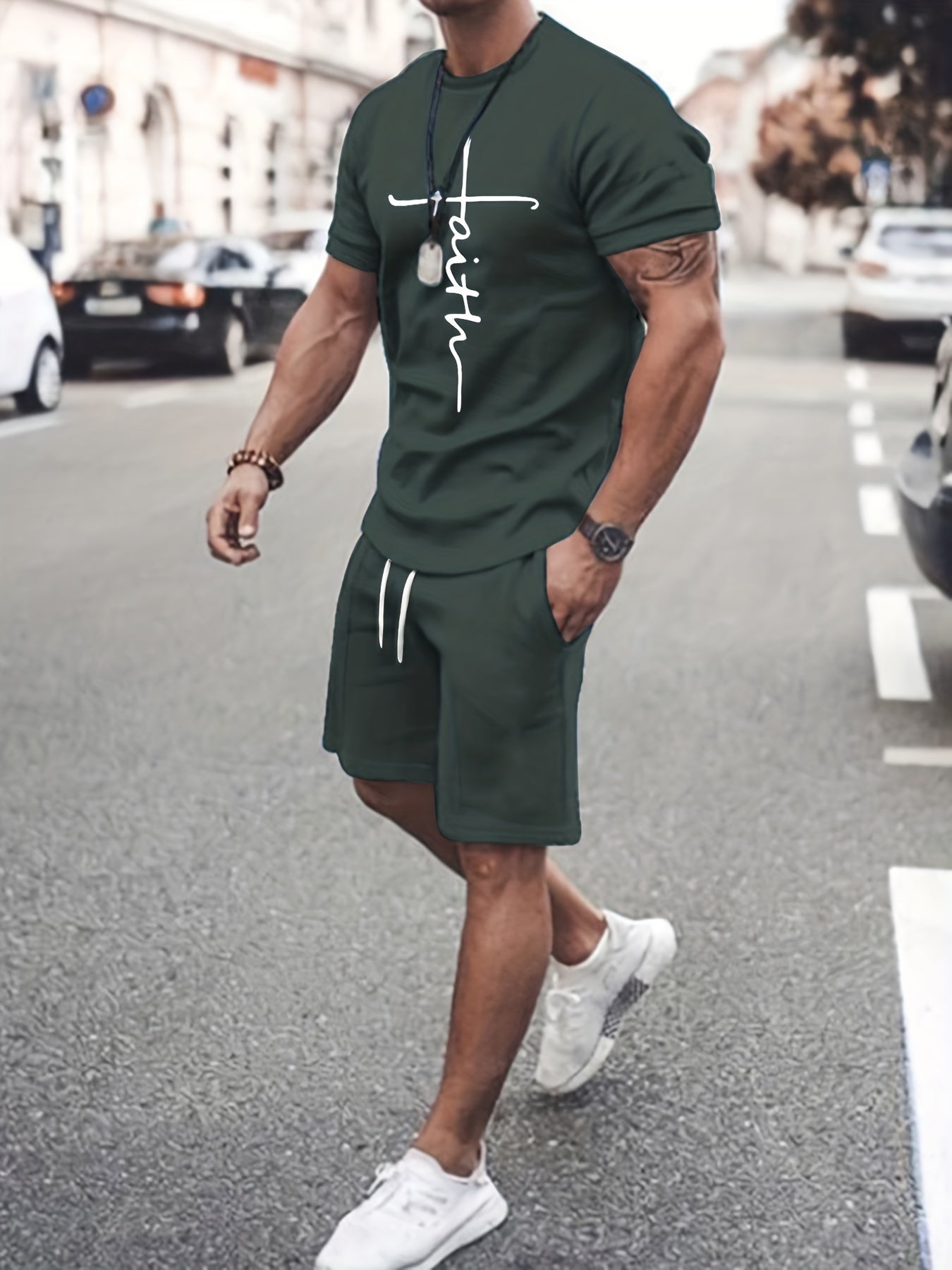2 piece Men's 'Faith' Print Short Sleeve T-Shirt and Shorts Set - Comfortable Casual Loungewear for Summer