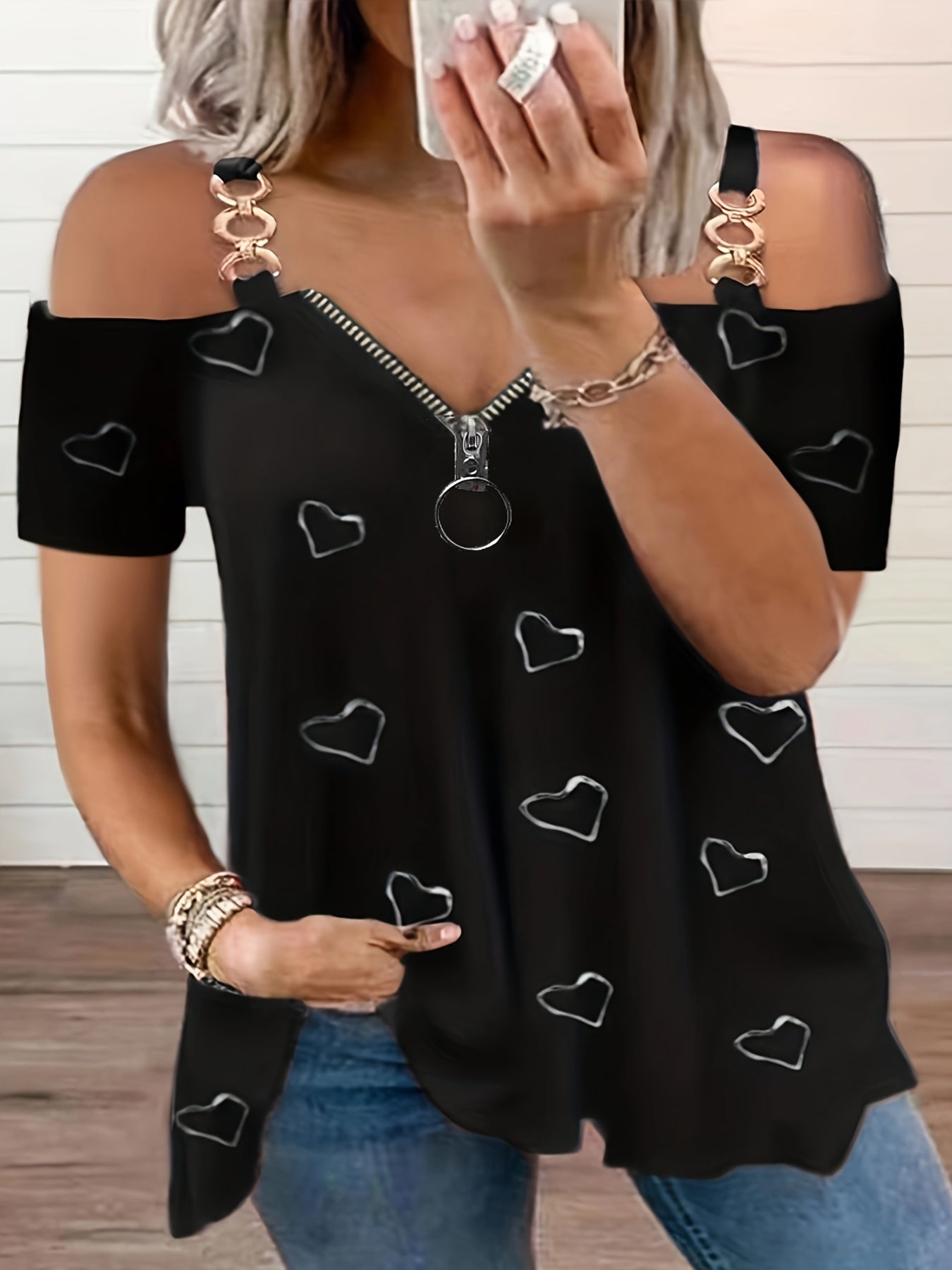 Cold Shoulder Heart Print T-Shirt, Casual Zipper Short Sleeve T-Shirt For Spring & Summer, Women's Clothing