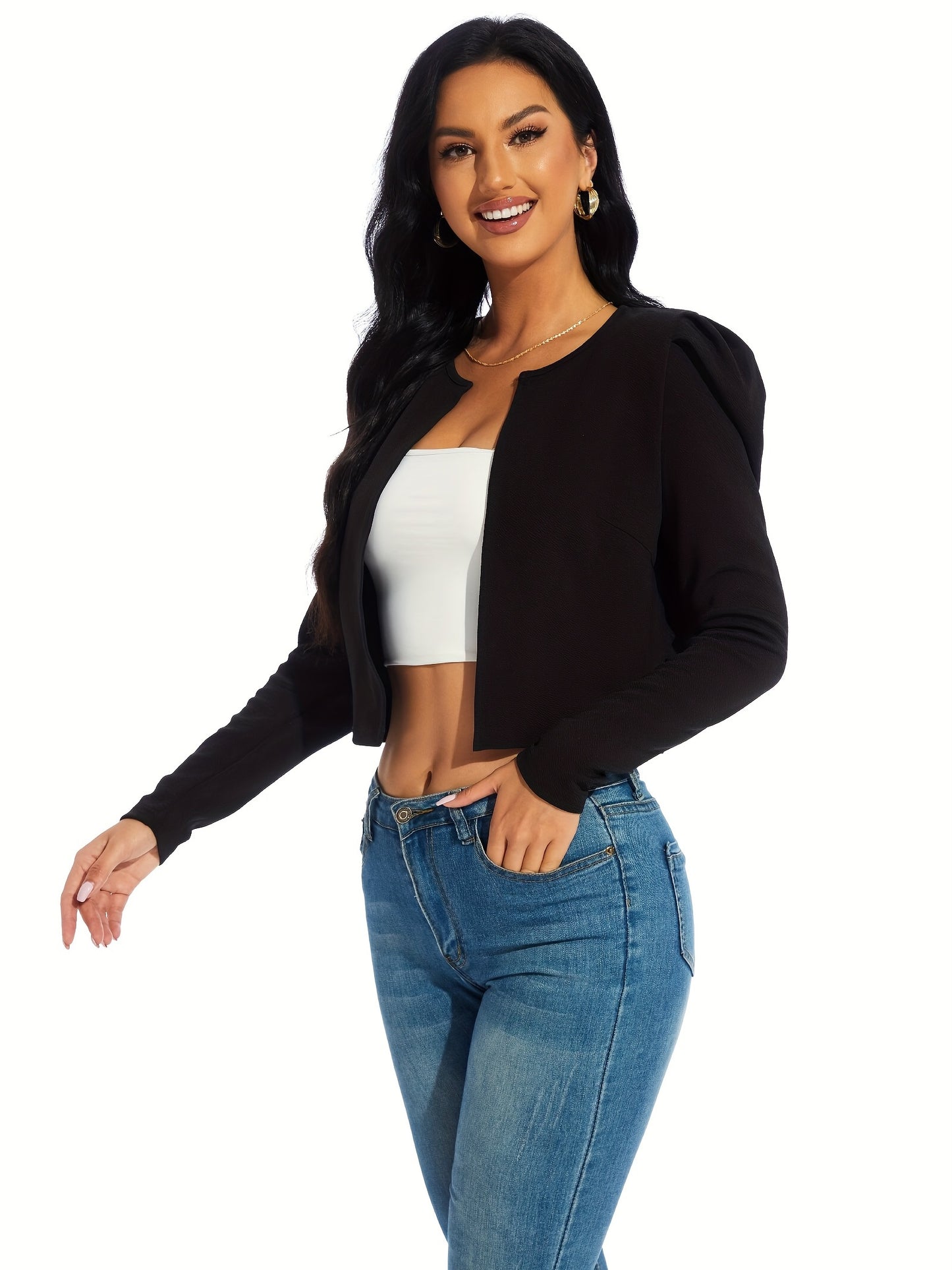 Long Sleeve Leg of Mutton Crop Jacket - Soft Medium Stretch Polyester Fabric, Crew Neck, Placket Front, Machine Washable, All-Season Casual Wear - Solid Color, Short Length, Easy Care