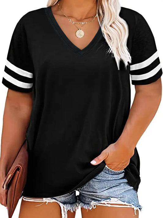 Plus Size V-Neck T-Shirt for Women - Casual & Comfy Short Sleeve Top in Heather Gray with Stripe Detail, Soft Stretch Fabric, Ideal for Casual Attire - Sizes XL to 5XL, Plus Size Shirts