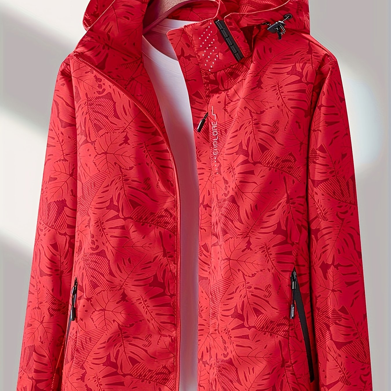 Women'S Lightweight Hooded Jacket - Casual Zip-Up Outdoor with Tropical Leaf Print, Removable Hood & Adjustable Cuffs for Spring Summer Fall, Hiking, Travel, Camping, Camping Gear