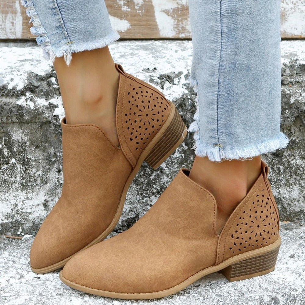 [V Cut Ankle Boots Short] Women's Ankle V Cut Short Boots, Hollow Out Chunky Heel Pointed Toe Shoes, Women's Footwear