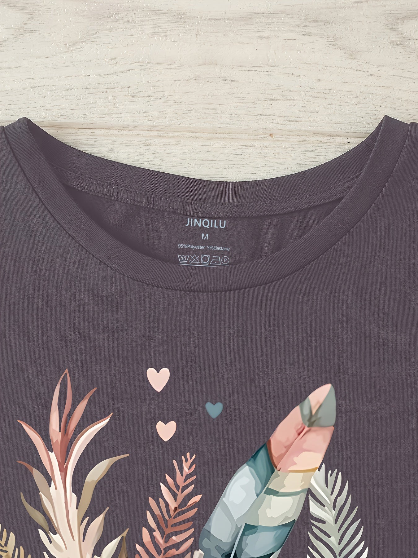 Flower & Feather Print T-shirt, Casual Short Sleeve Crew Neck T-shirt For Spring & Summer, Women's Clothing