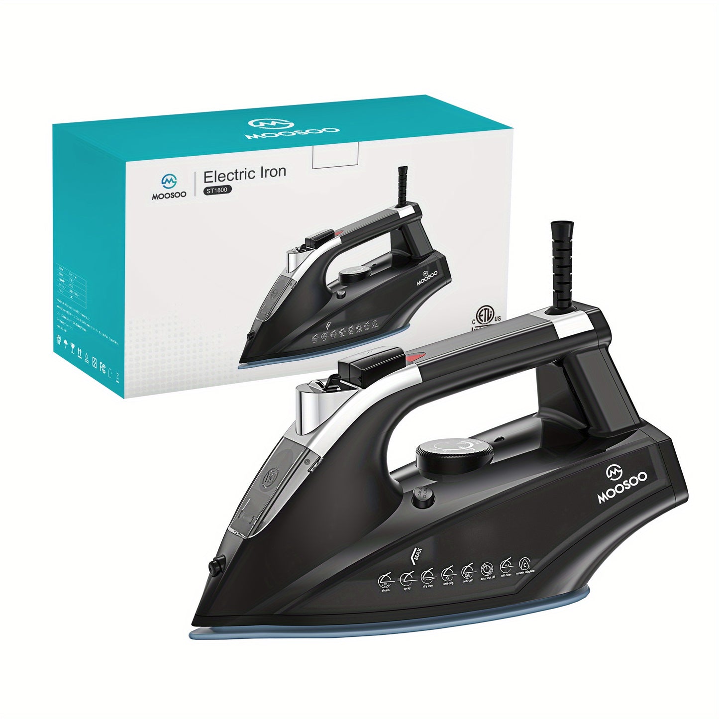 MOOSOO 1800W Ceramic Steam Iron - Non-Stick, Anti-Drip, Auto-Off, 470ml Tank, Portable, Quick Heat, US Plug