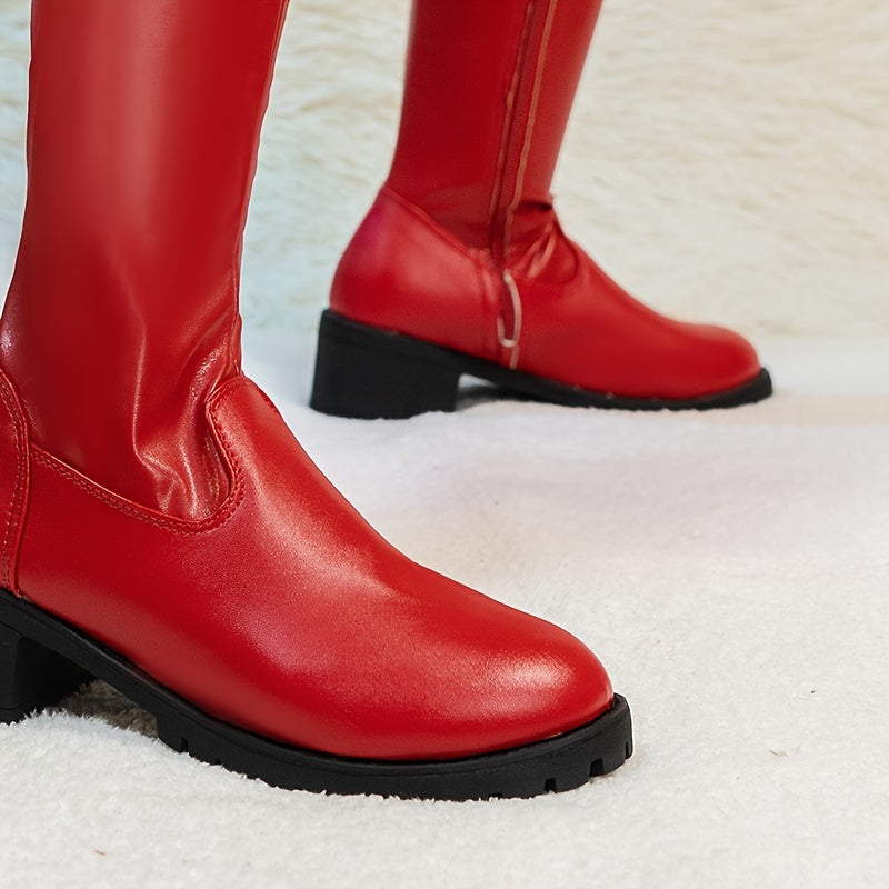 [Thigh High Chunky Heel Boots] Women's Chunky Heel Thigh High Boots, Solid Color Zipper Round Toe Shoes, PU Leather Footwear
