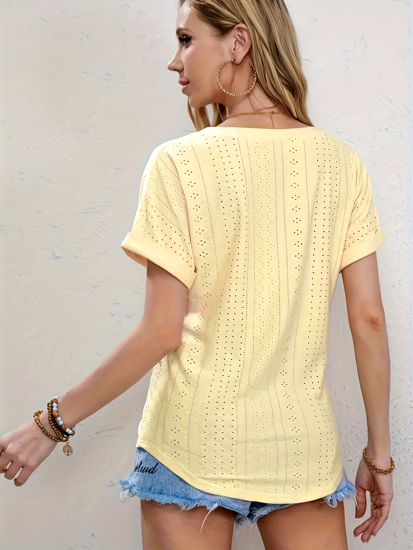 Lace-Detail Eyelet Crew Neck T-Shirt - Relaxed Fit for Ultimate Comfort, Short Sleeve Design for Warm Weather, Perfect for Spring and Summer Seasons, Stylish and Versatile Womens Apparel