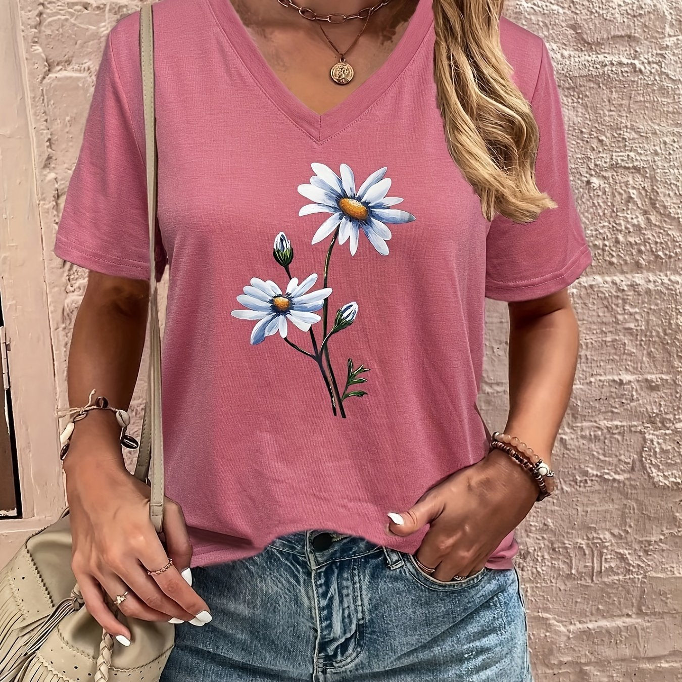 Floral Print V Neck T-shirt, Casual Short Sleeve T-shirt For Summer, Women's Clothing