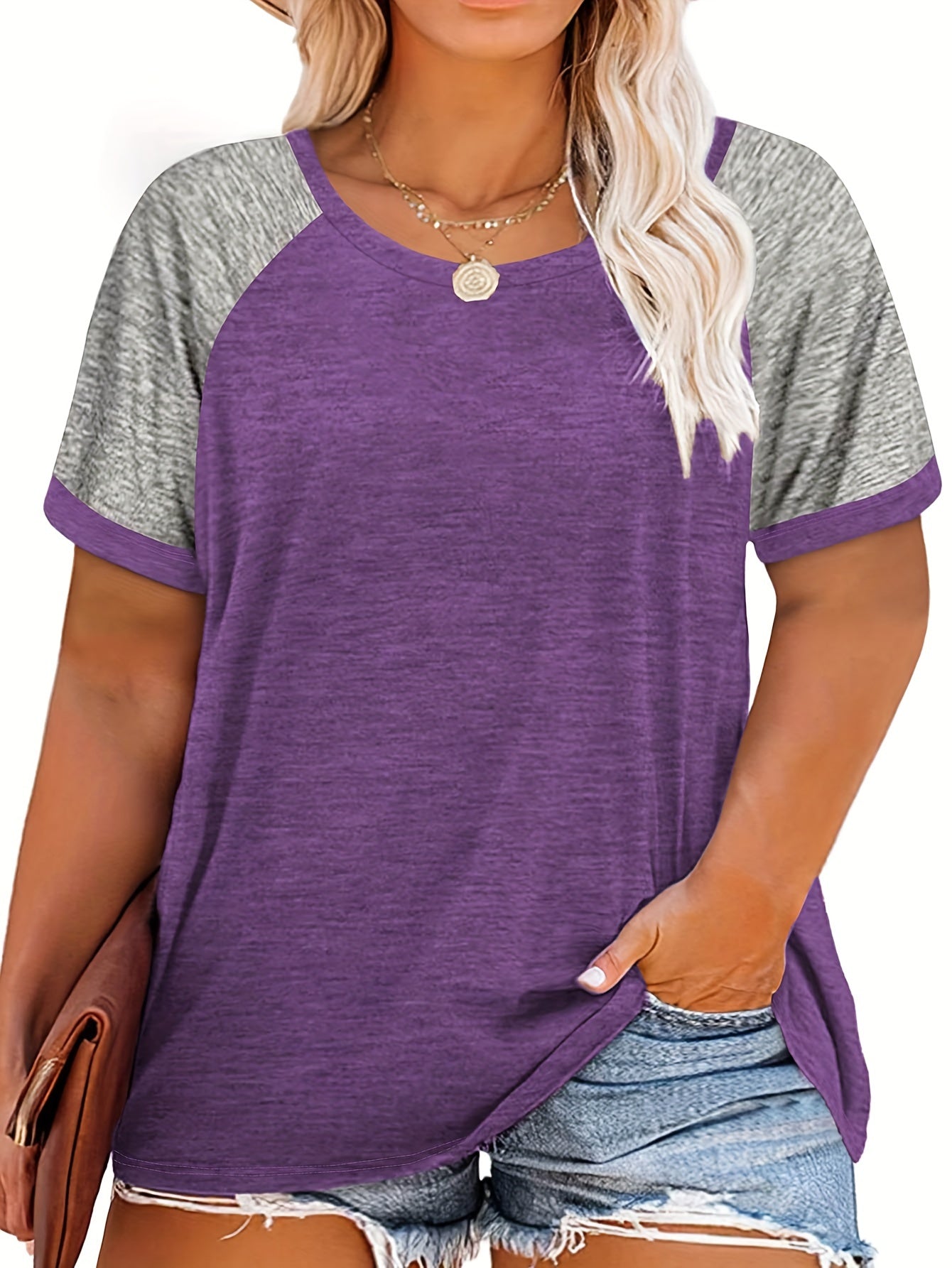 [Plus Size Slight Stretch T-shirt] Plus Size Casual T-shirt, Women's Plus Colorblock Short Sleeve Round Neck Slight Stretch T-shirt