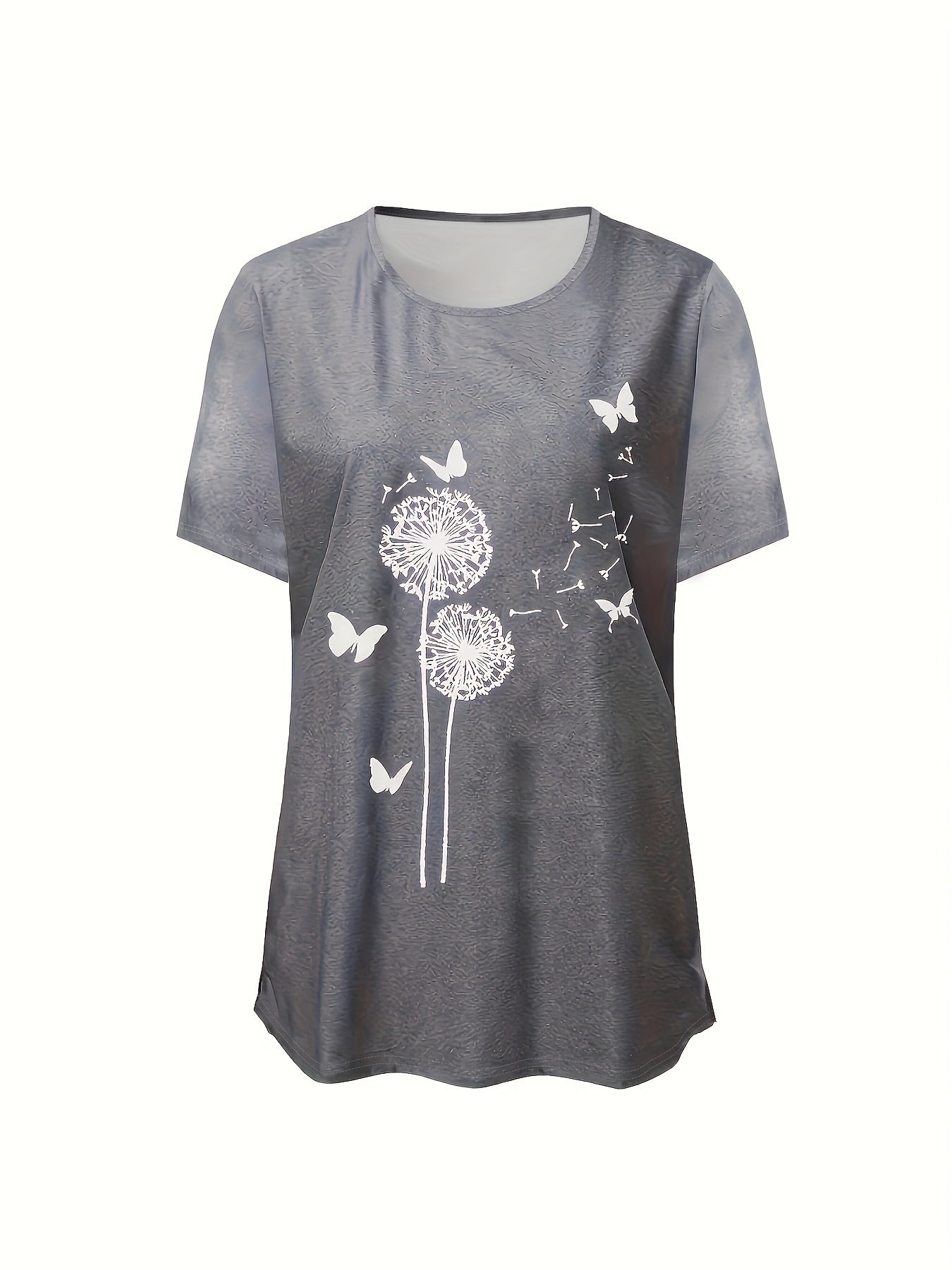 Dandelions & Butterfly Print T-Shirt, Casual Crew Neck Short Sleeve T-shirt For Spring & Summer, Women's Clothing