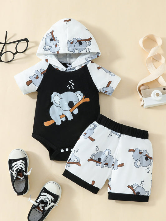 1 Set Baby Boy's Preppy Style Cartoon Sleeping Koala Print Outfit, Cotton Blend Hooded Romper with Applique Detail & Casual Shorts, Medium Stretch Woven Fabric, Regular Fit for Spring Season, for Outdoor, Boy Baby Clothes, Pe
