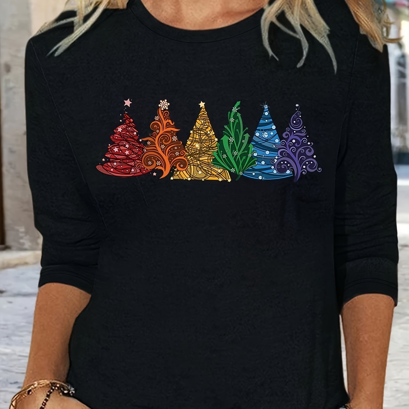 Christmas Tree Print Crew Neck T-Shirt, Casual Long Sleeve T-Shirt For Spring & Fall, Women's Clothing