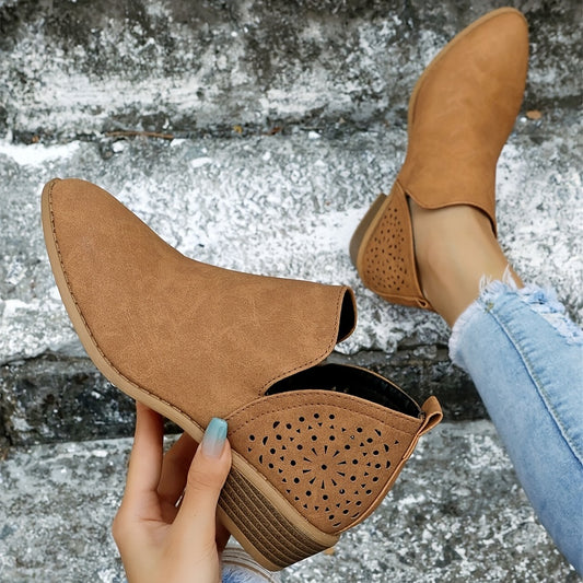 [V Cut Ankle Boots Short] Women's Ankle V Cut Short Boots, Hollow Out Chunky Heel Pointed Toe Shoes, Women's Footwear