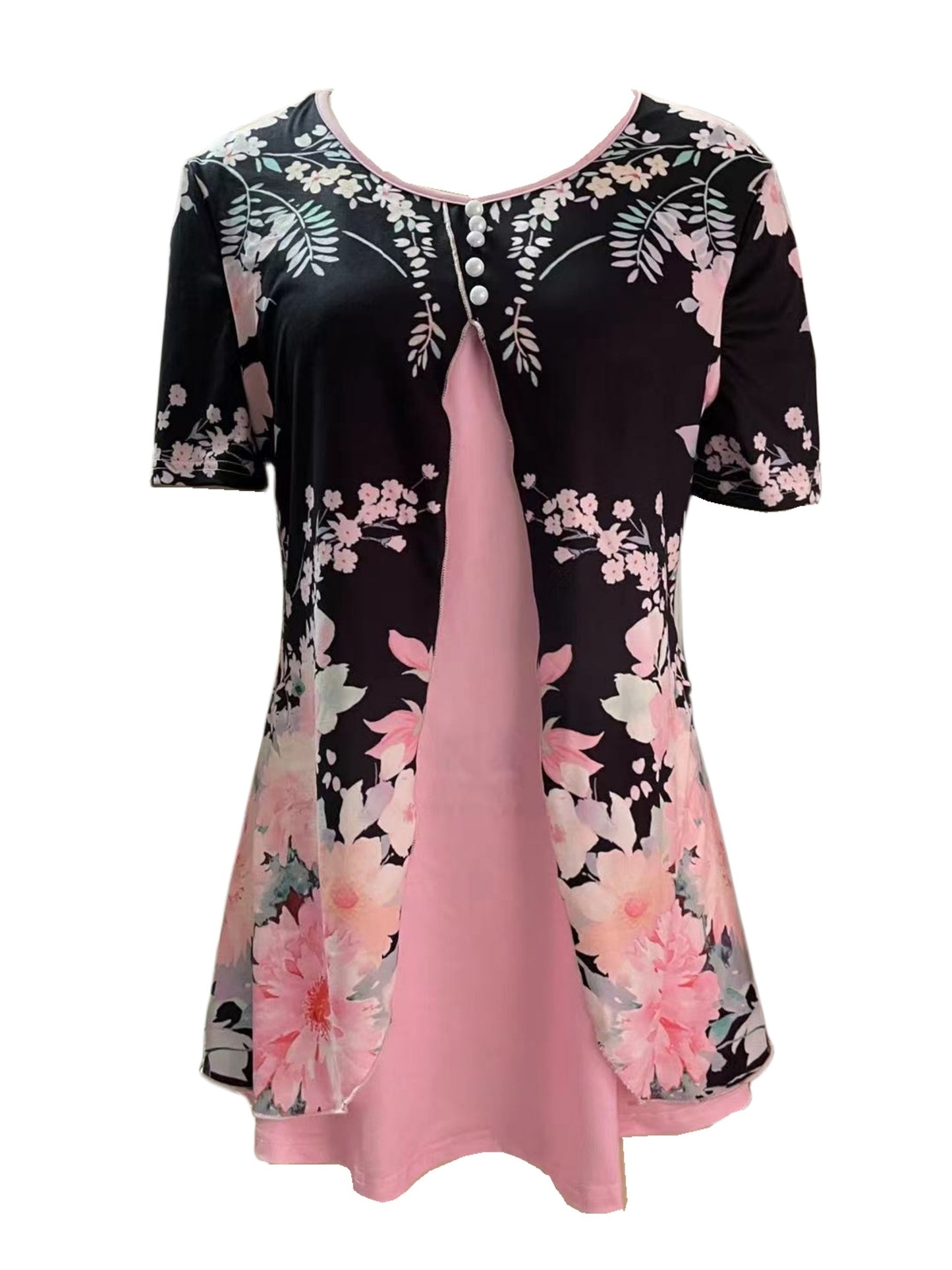 Charming Floral Print T-Shirt with Glamorous Faux Pearl Accents - Comfortable V Neck Short Sleeve Top - Ideal Casual Wear for Spring & Summer - Womens Fashion Essential