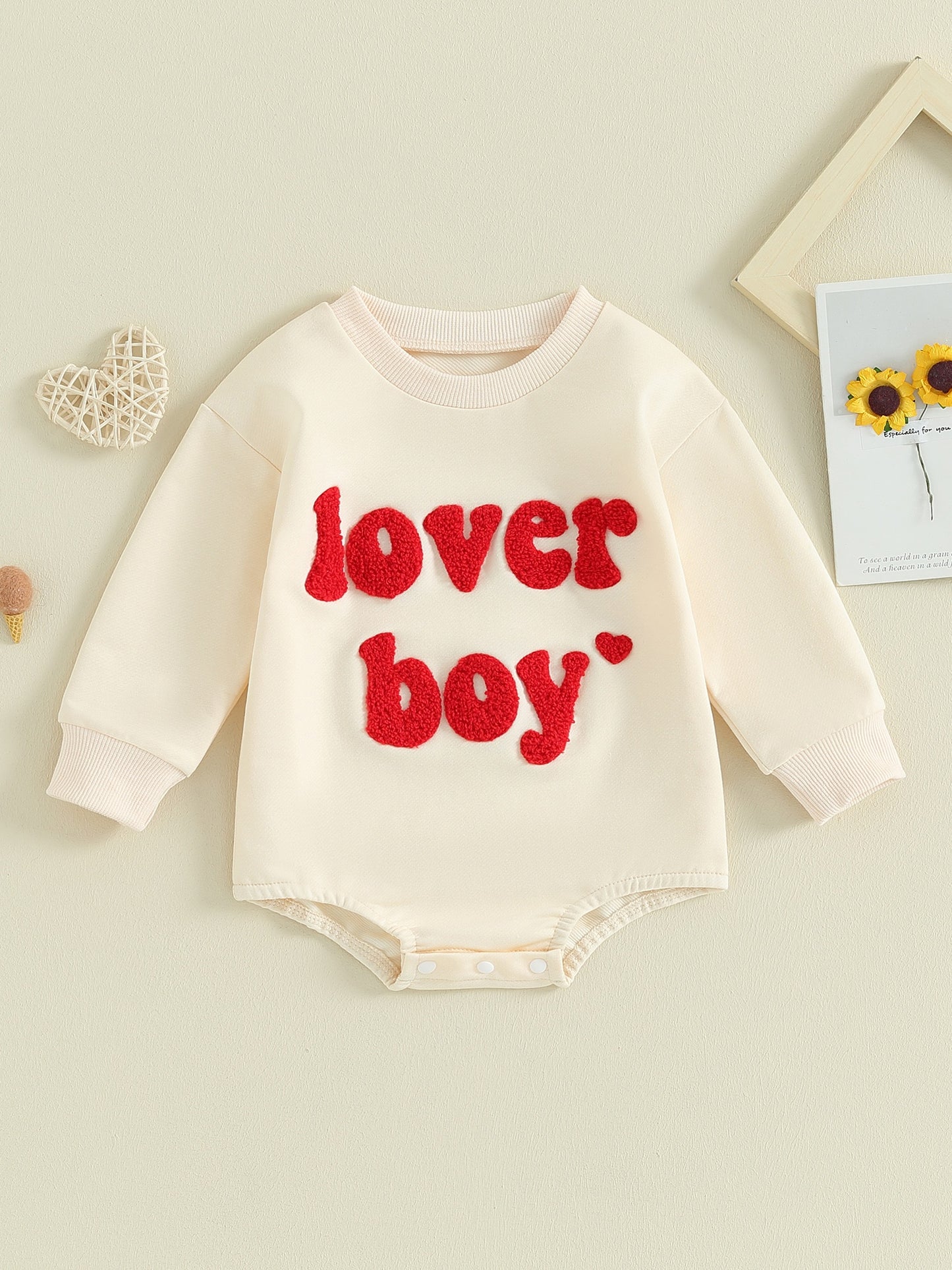 [Home Relaxation] Cozy 'Lover Boy' Cotton Romper for Babies - Red Long-Sleeve Jumpsuit with White Lettering, Machine Washable, Perfect for Fall/Winter, Comfortable Babywear | Casual Baby Jumpsuit | Cotton Blend Fabric, Boy Ba