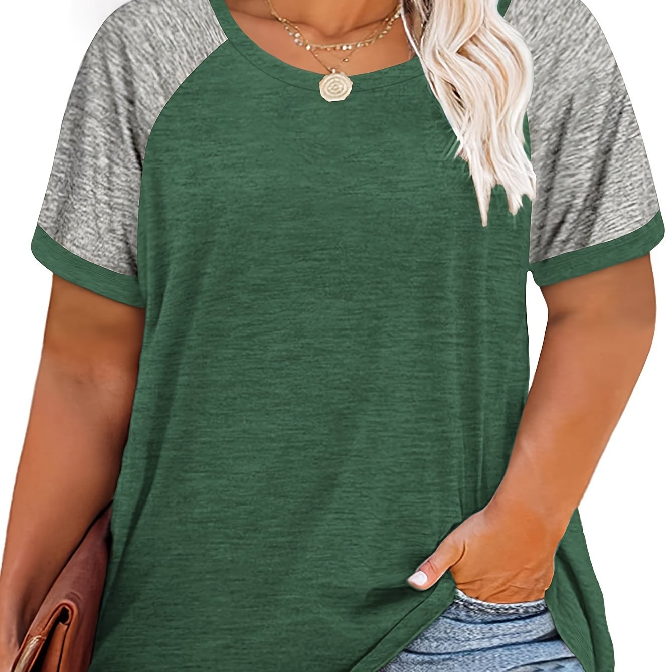 [Plus Size Slight Stretch T-shirt] Plus Size Casual T-shirt, Women's Plus Colorblock Short Sleeve Round Neck Slight Stretch T-shirt