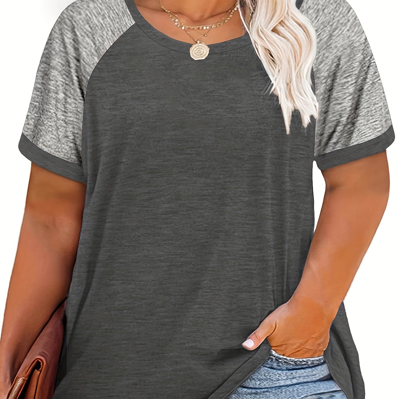 [Plus Size Slight Stretch T-shirt] Plus Size Casual T-shirt, Women's Plus Colorblock Short Sleeve Round Neck Slight Stretch T-shirt