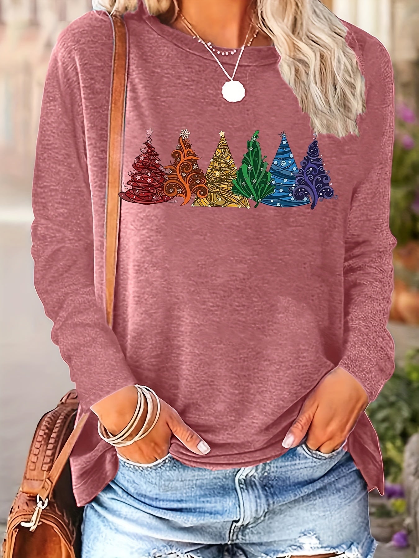 Christmas Tree Print Crew Neck T-Shirt, Casual Long Sleeve T-Shirt For Spring & Fall, Women's Clothing