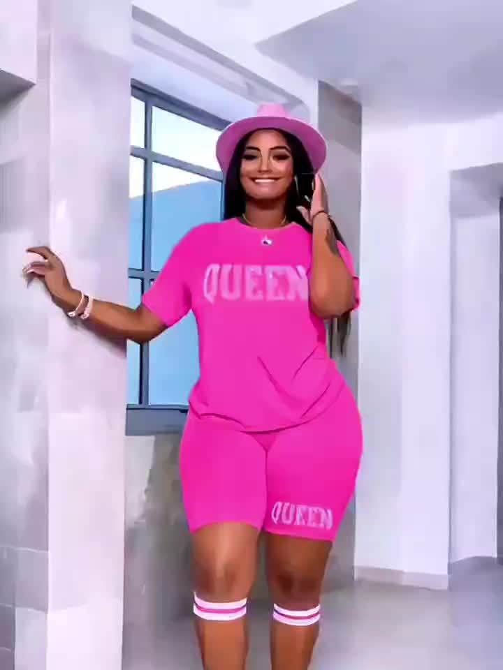 [2 Pieces Rhinestone Queen Outfit] Rhinestone Queen Print 2 Pieces Set, Crew Neck Short Sleeve T-shirt & Bodycon Shorts Outfits, Women's Clothing