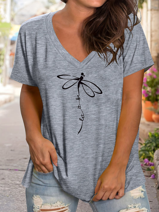 Plus Size Women's Relaxed Fit Graphic Print Short Sleeve V Neck T-Shirt with Slight Stretch for Comfortable Casual Wear