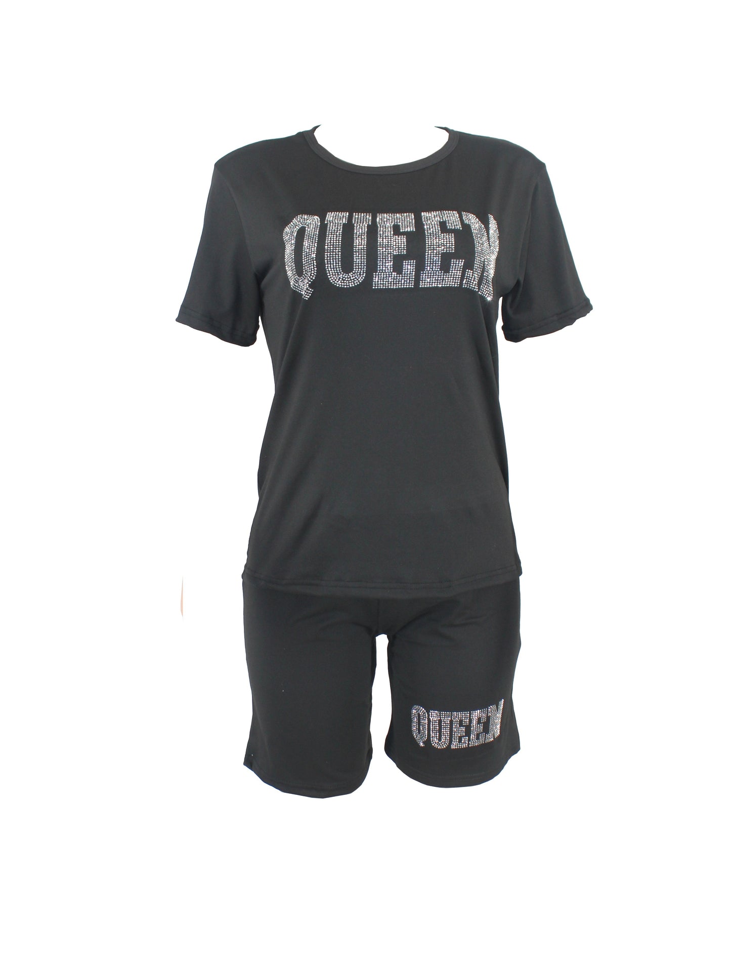 [2 Pieces Rhinestone Queen Outfit] Rhinestone Queen Print 2 Pieces Set, Crew Neck Short Sleeve T-shirt & Bodycon Shorts Outfits, Women's Clothing