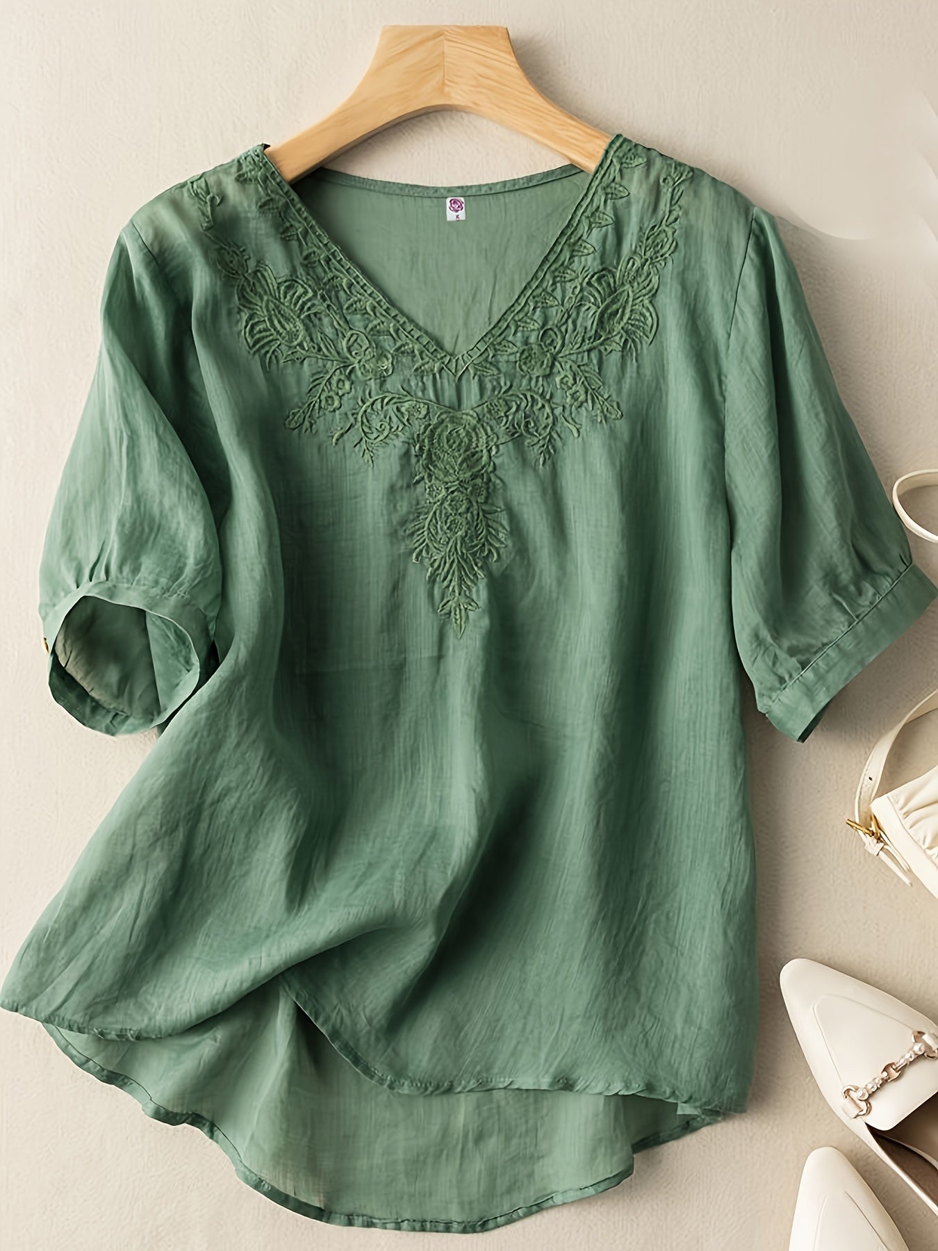 Floral Embroidery V Neck T-shirt, Vintage Half Sleeve Loose T-shirt For Spring & Summer, Women's Clothing