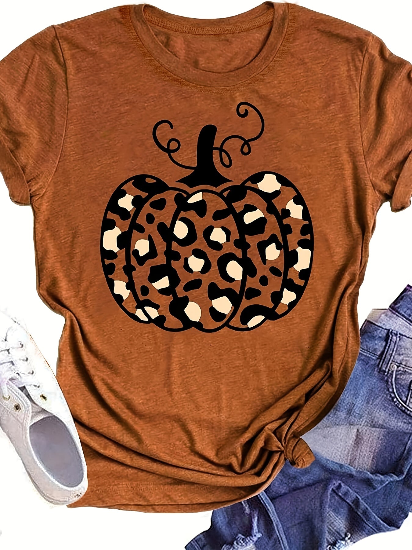 Leopard Pumpkin Print T-shirt, Casual Crew Neck Short Sleeve T-shirt, Women's Clothing