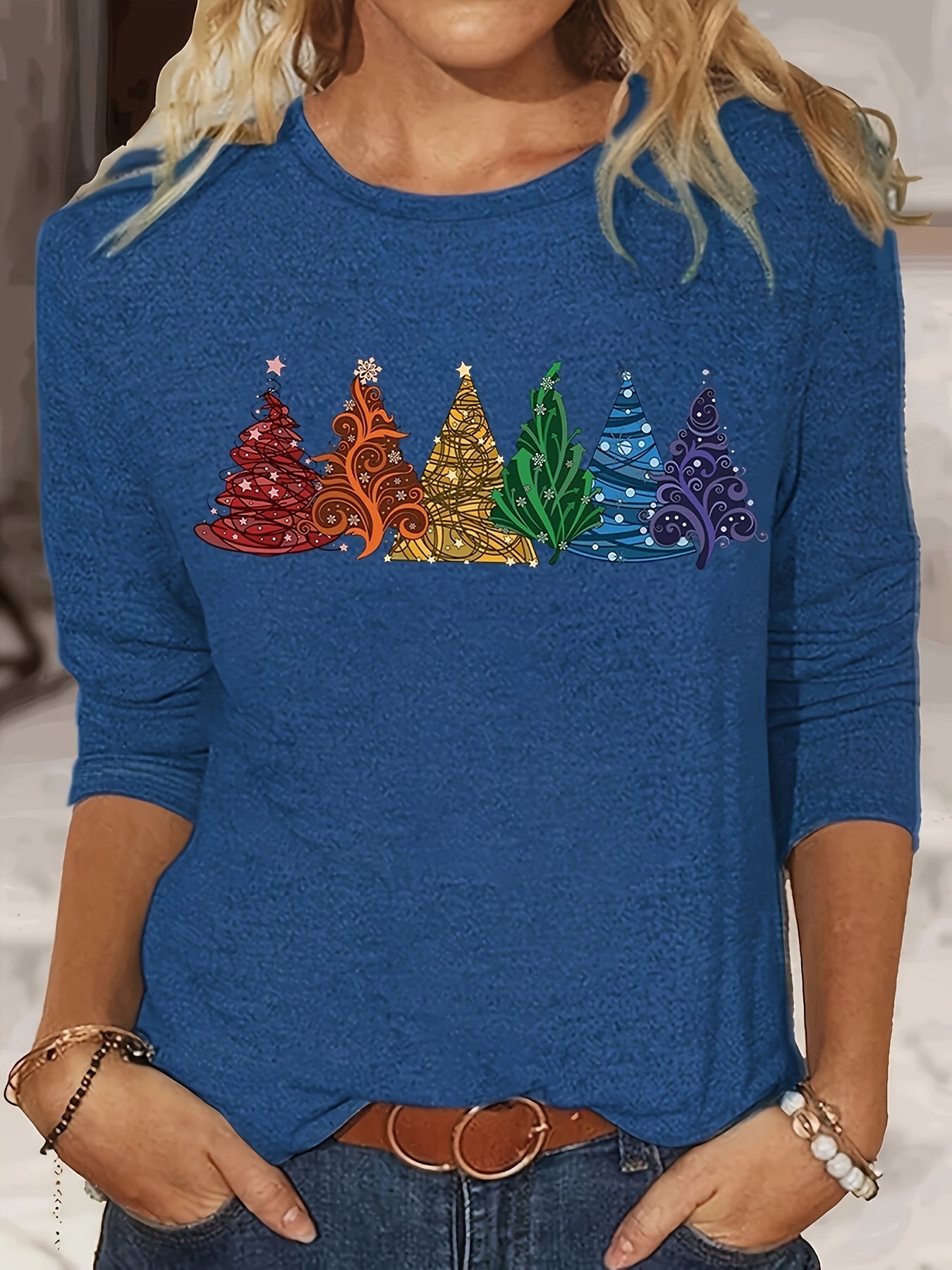 Christmas Tree Print Crew Neck T-Shirt, Casual Long Sleeve T-Shirt For Spring & Fall, Women's Clothing