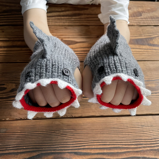 1pair Funny Handmade Shark Gloves - Wool Winter Warm Half-finger Gloves for Christmas Gifts
