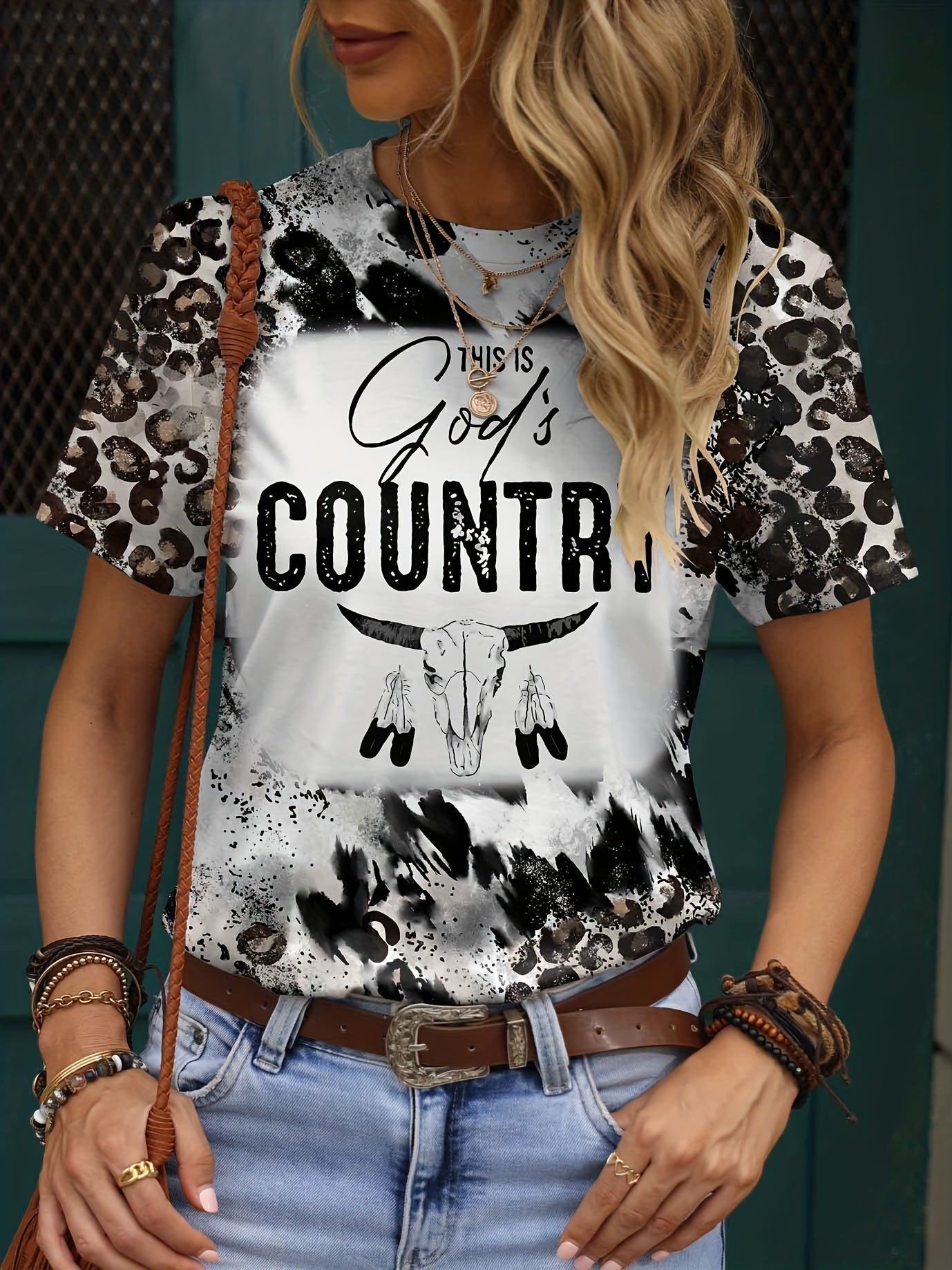 Leopard & Letter COUNTRY Print Crew Neck T-Shirt, Casual Short Sleeve Top For Spring & Summer, Women's Clothing