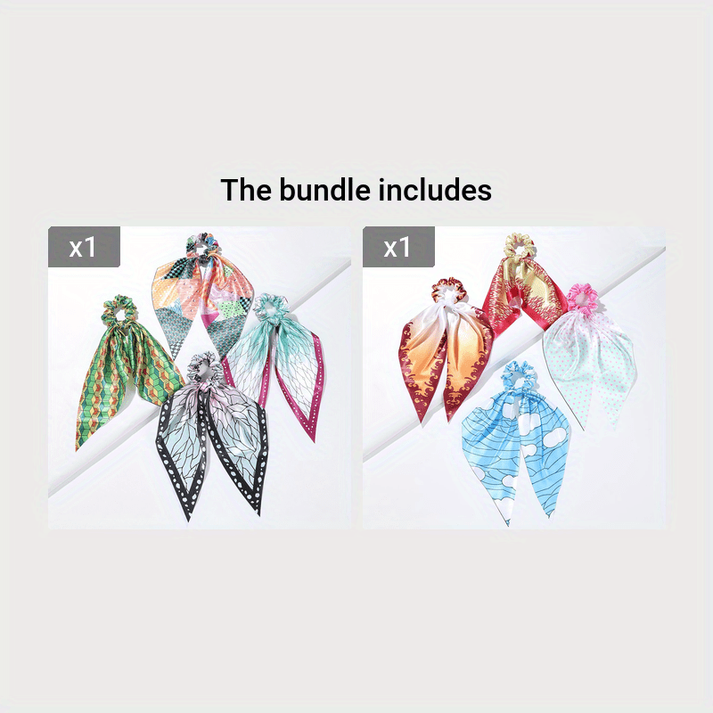 4pcs Adorable Japanese Anime Cartoon Printed Fabric Bowknot Hair Scarves with Elastic Hair Ties for Women - Soft, Comfortable, and Easy to Wear Ponytail Holders for Various Hairstyles - Cute Hair Accessories for Anime Fans