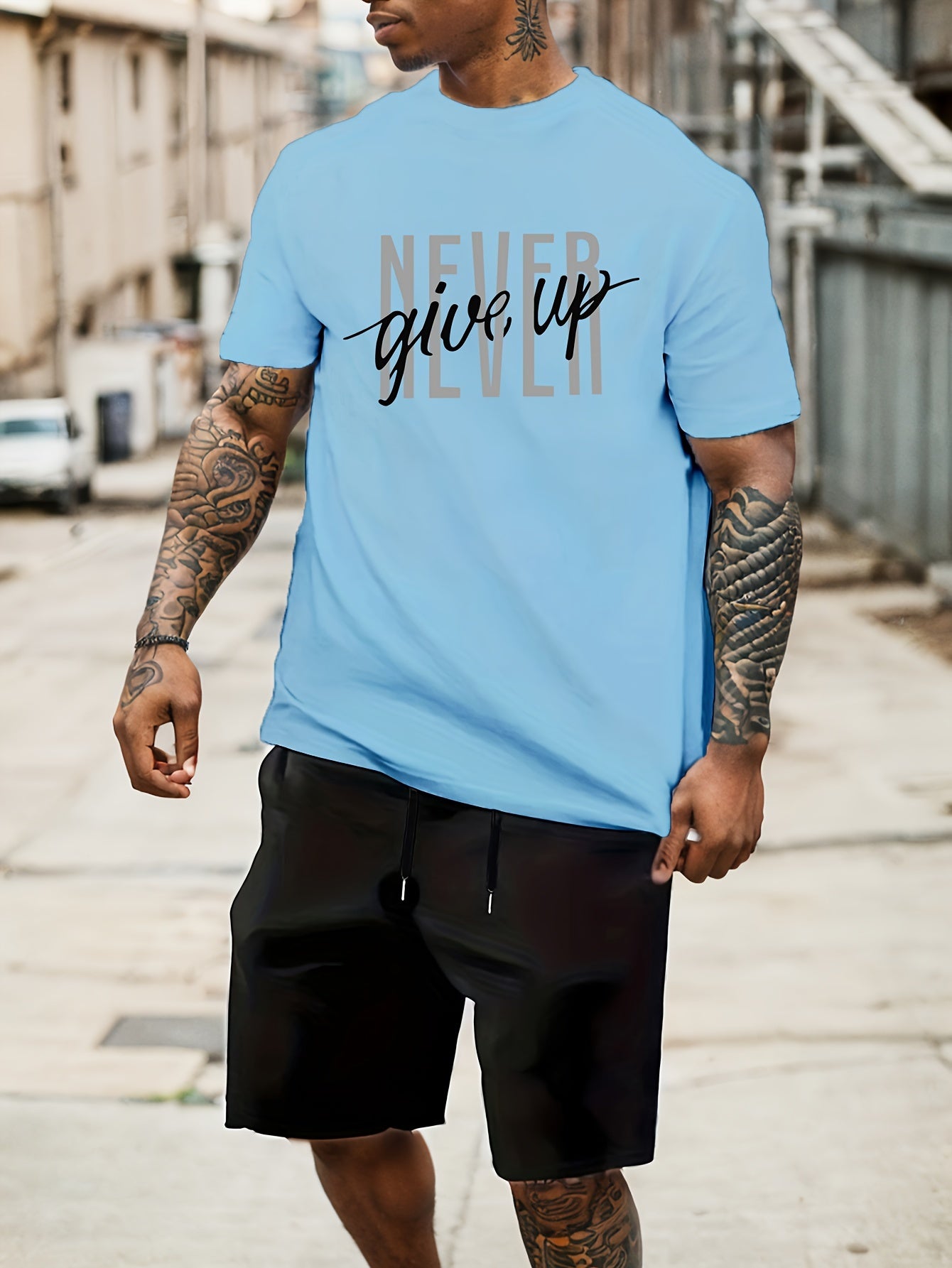 2-Piece Men's Fashion Graphic Loungewear Set - Short Sleeve Crew Neck T-Shirt, Drawstring Shorts with Pockets, Soft, Breathable, Casual Pajama Outfit for Men, NEVER GIVE UP Letter Print Design, Ideal for Relaxation and Leisur
