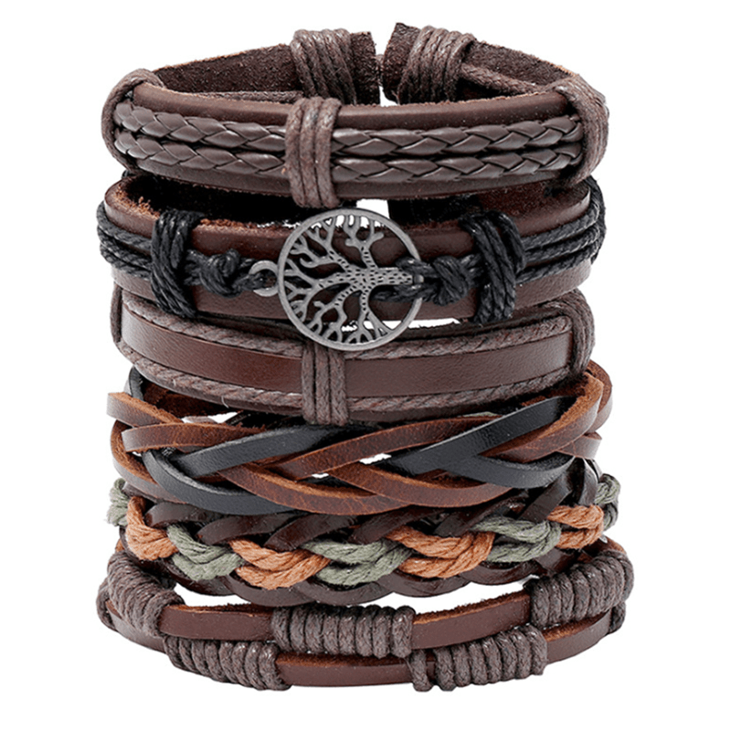 Vintage Funky Men's Adjustable Alloy Multilayer Combination Tree Of Life PU Leather Braided Bracelet