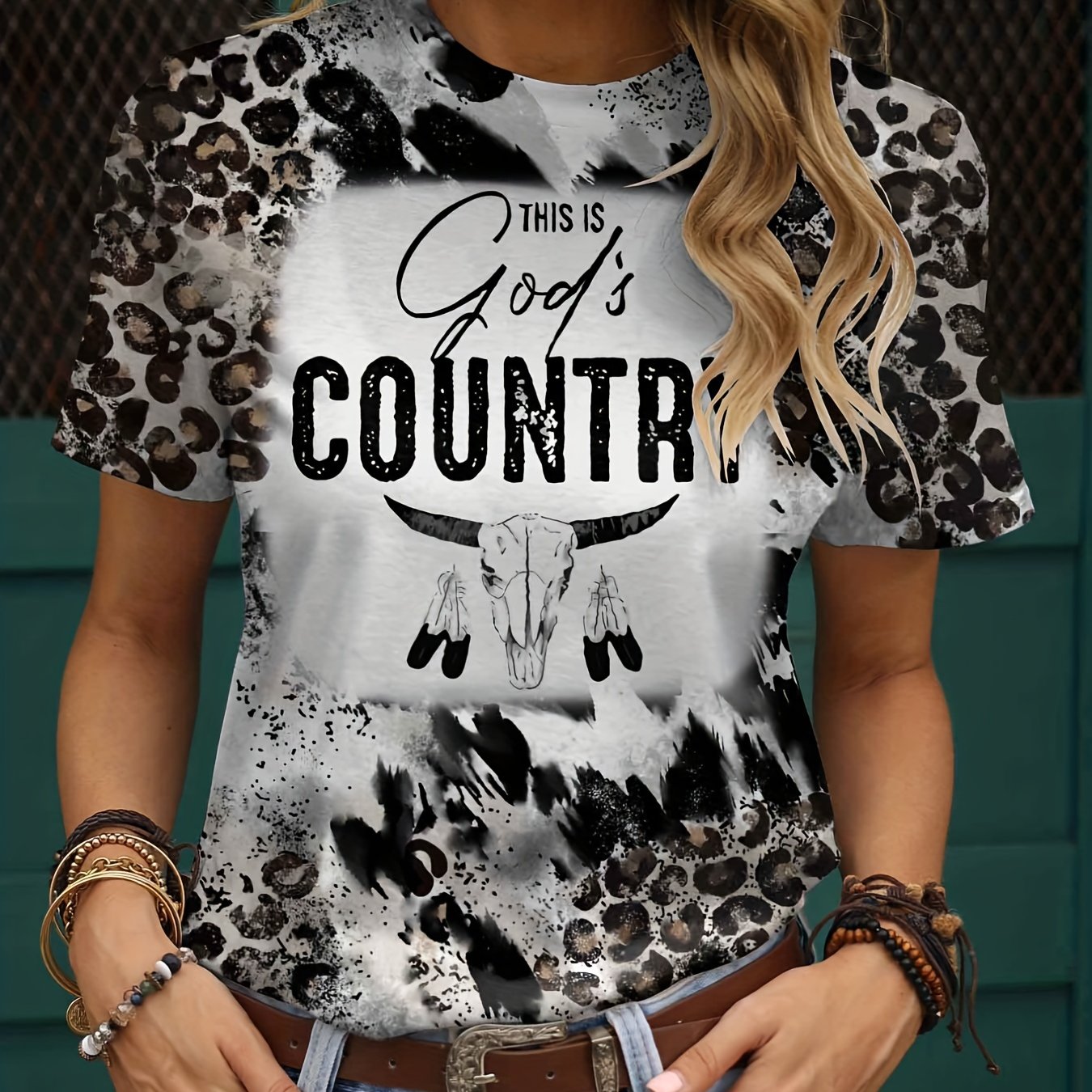 Leopard & Letter COUNTRY Print Crew Neck T-Shirt, Casual Short Sleeve Top For Spring & Summer, Women's Clothing