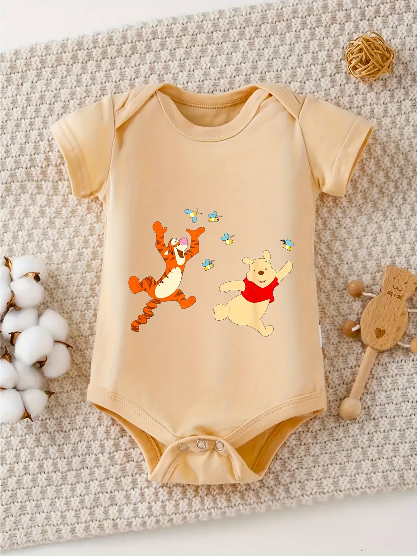 100% Cotton Baby Crawling Clothes - Tigger & Pooh Easter Design, Soft Gray, Short Sleeve, Round Neck, All-Season Casual Wear for Little Ones, Allseason Clothing | Playful Print Top | Cotton Fabric, Baby Clothes, for Outdoor