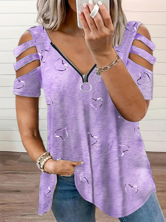 Women's Casual V-Neck Zip-Up T-Shirt with Unique Asymmetrical Geometric Print, Short Sleeves - Lightweight Polyester Blend, Perfect for Spring/Summer/Fall, Autumn Casualwear | Vneck Top | Smooth Fabric