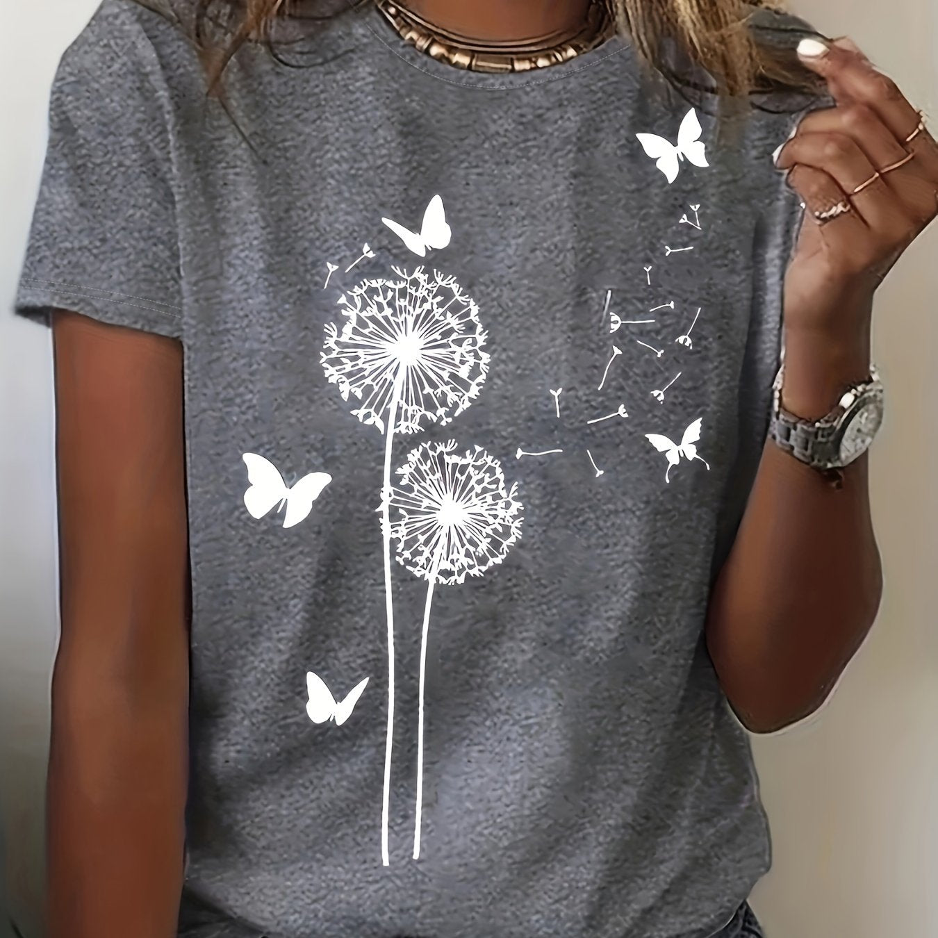 Dandelions & Butterfly Print T-Shirt, Casual Crew Neck Short Sleeve T-shirt For Spring & Summer, Women's Clothing