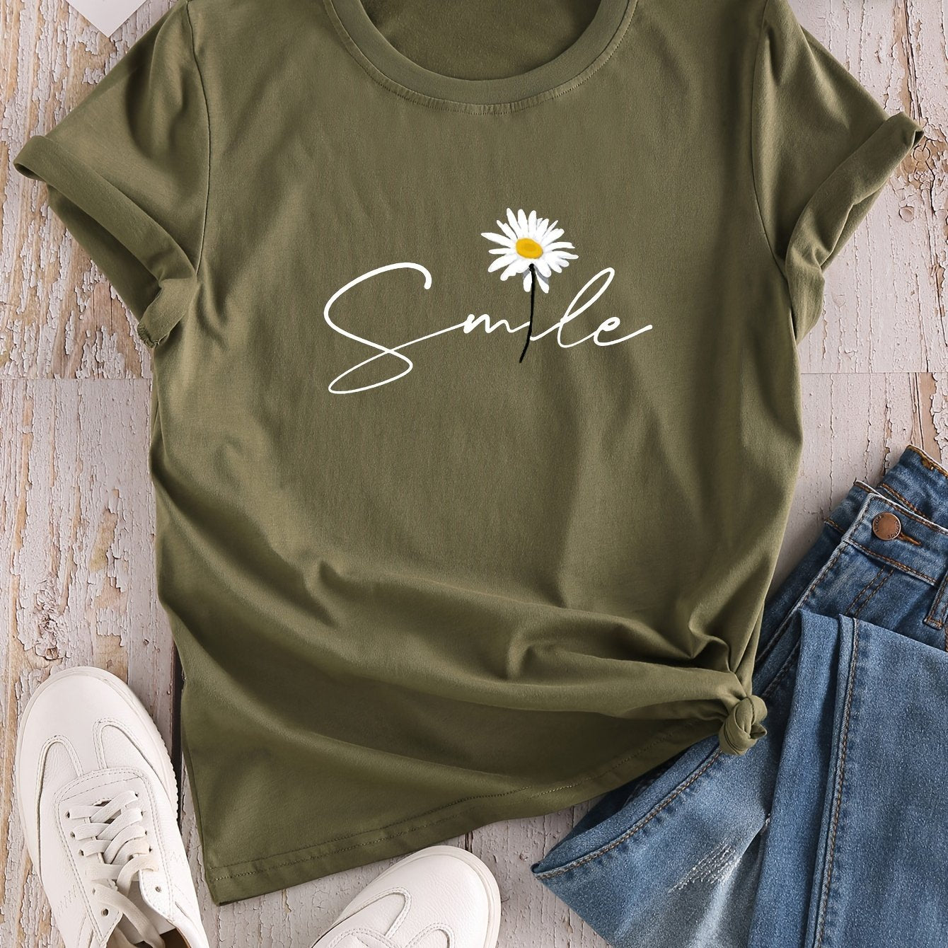 Vibrant Flower & Letter Print Crew Neck T-Shirt - Relaxed Fit, Short Sleeve, Classic Style - Perfect for Spring and Summer, Womens Casual Clothing