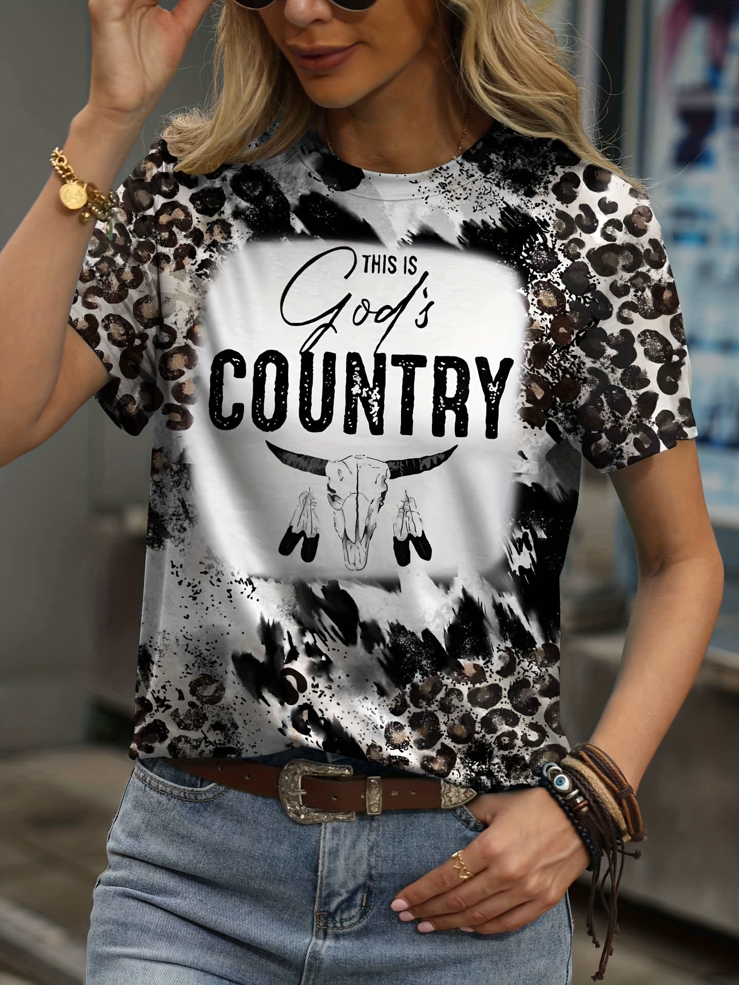 Leopard & Letter COUNTRY Print Crew Neck T-Shirt, Casual Short Sleeve Top For Spring & Summer, Women's Clothing