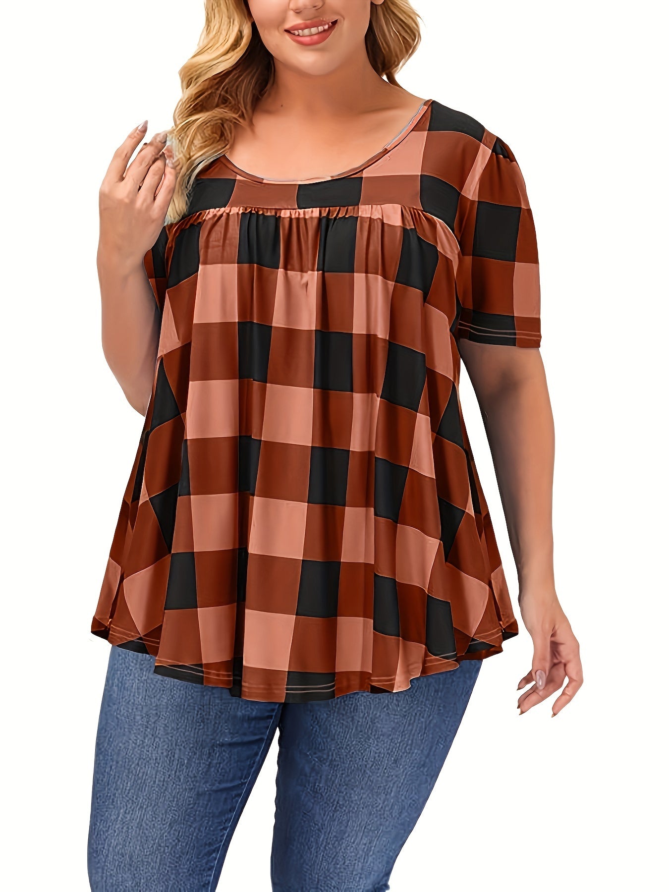 Women's Plus Size Blend T-Shirt - Short Sleeve, Round Neck, Loose Fit with Geometric Print
