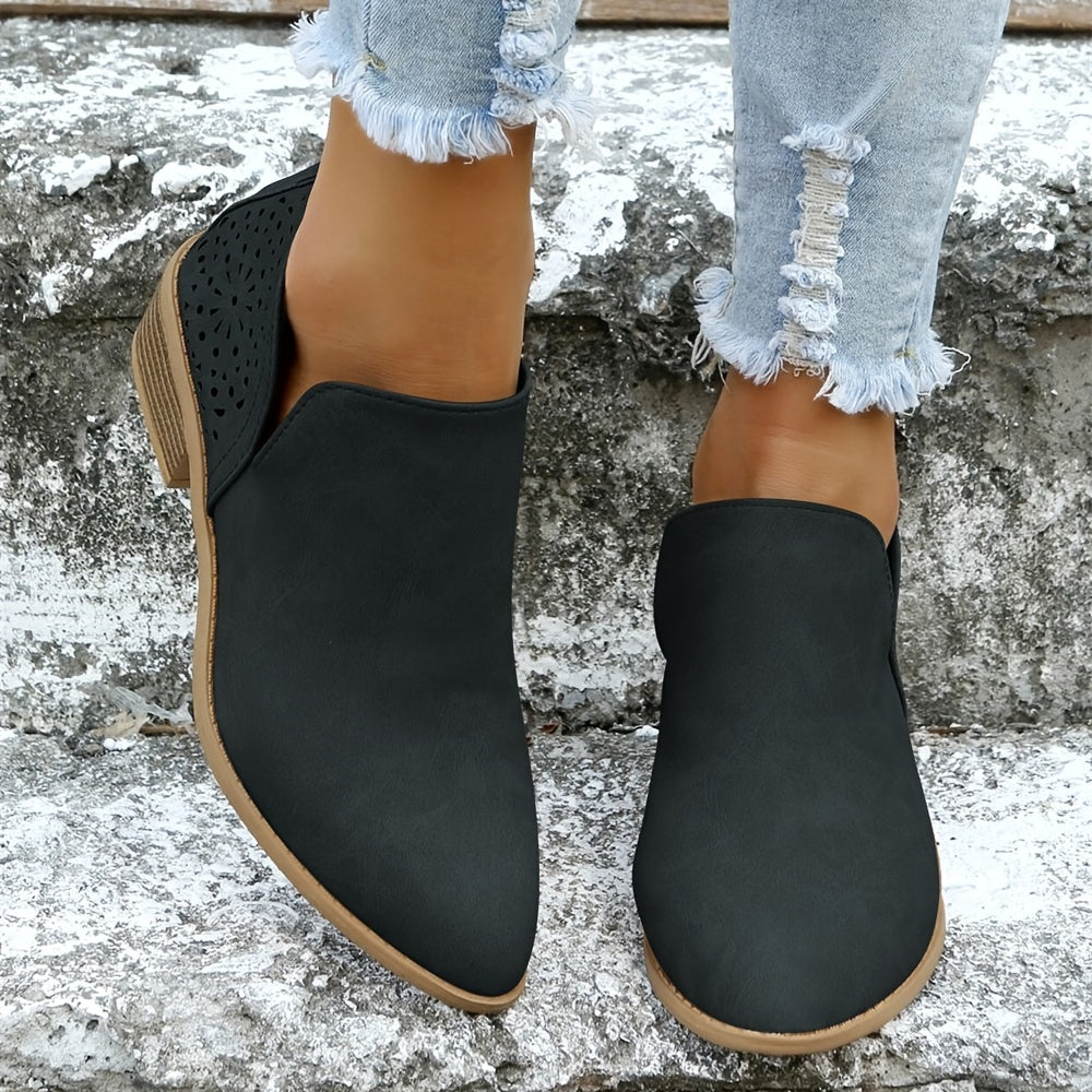 [V Cut Ankle Boots Short] Women's Ankle V Cut Short Boots, Hollow Out Chunky Heel Pointed Toe Shoes, Women's Footwear