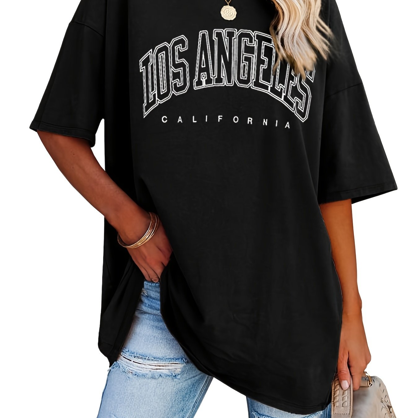 Oversized Letter Print T-Shirt, Crew Neck Short Sleeve T-Shirt, Casual Every Day Tops, Women's Clothing