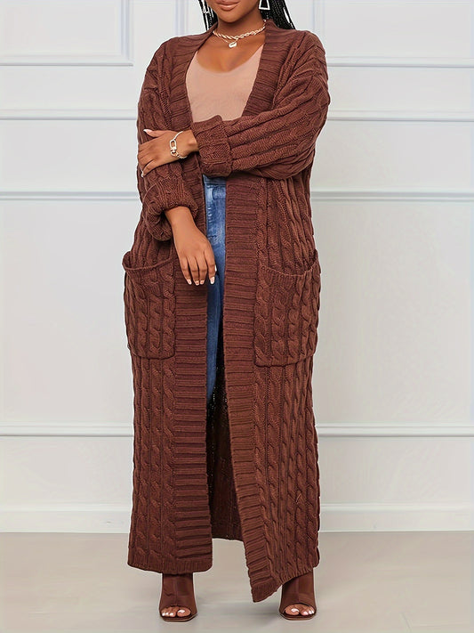 Plus Size Solid Jacquard Longline Cardigan, Women's Plus Medium Stretch Elegant Sweater Cardigan